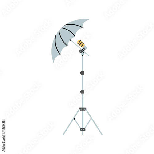 Illustration of a light soft box, reflector, umbrella with a tripod stand. Professional photography equipment for studio lightning. Production process. Vector illustration isolated on white background