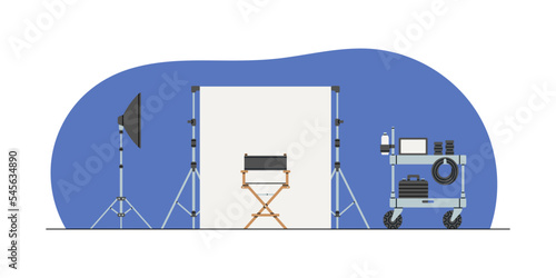 Photo studio interior. Paper background, light soft box, umbrella and a table with a laptop. Professional photography equipment for studio. Photo shooting and production process. Vector illustration.