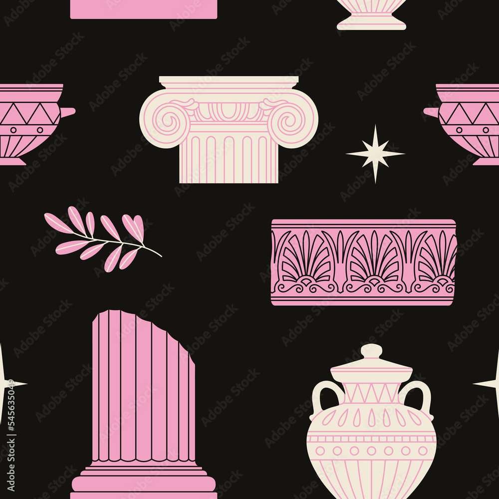 Seamless pattern with architectural details made of marble, gypsum. Ancient Greek and Roman art. Sculpture, ornament, architecture. For print, textile, wallpaper design. Hand drawn vector illustration