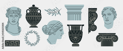 Poster with classical architectural details, sculptures and reliefs. Ancient Greek and Roman art concept. Prints can be used as stickers, icons, highlights etc. Hand drawn vector illustrations set.