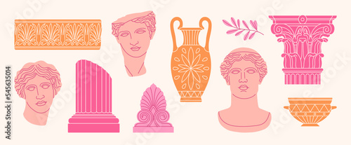 Poster with classical architectural details, sculptures and reliefs. Ancient Greek and Roman art concept. Prints can be used as stickers, icons, highlights etc. Hand drawn vector illustrations set.