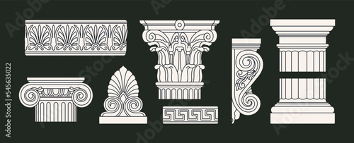 Big set with architectural details made of marble or gypsum. Ancient Greek and Roman art. Sculpture, ornament, architecture. Hand drawn vector illustrations isolated on black background.