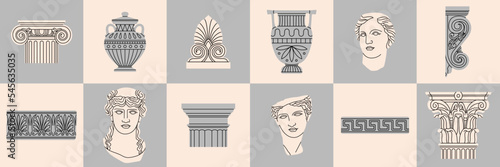 Posters set with classical architectural details, sculptures and reliefs. Ancient Greek and Roman art concept. Prints can be used as stickers, icons, highlights etc. Hand drawn vector illustrations