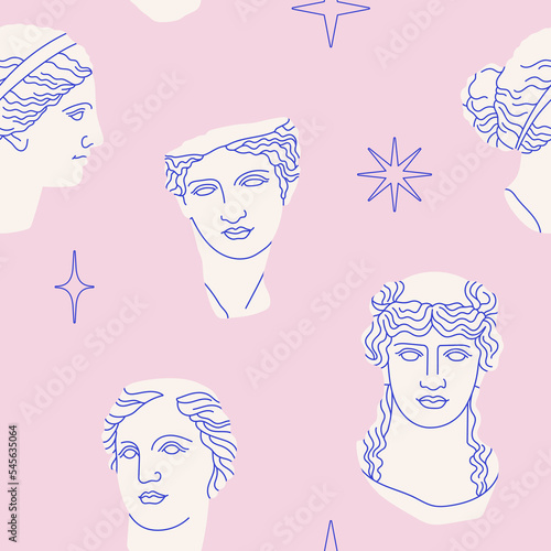 Seamless pattern with heads of mythological heroes made of marble. Ancient Greek or Roman sculpture style. For prints, textile, wallpaper design etc. Hand drawn vector illustration in trendy colors
