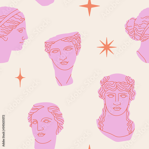 Seamless pattern with heads of mythological heroes made of marble. Ancient Greek or Roman sculpture style. For prints, textile, wallpaper design etc. Hand drawn vector illustration in trendy colors