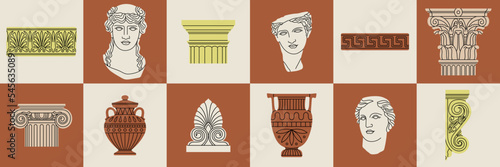 Posters set with classical architectural details, sculptures and reliefs. Ancient Greek and Roman art concept. Prints can be used as stickers, icons, highlights etc. Hand drawn vector illustrations