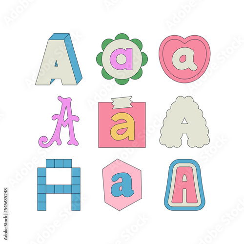 Set with letter A in different styles. Funny cartoon hand drawn style in pastel colors. Preschool education, alphabet concept. Vector illustration isolated on white background.