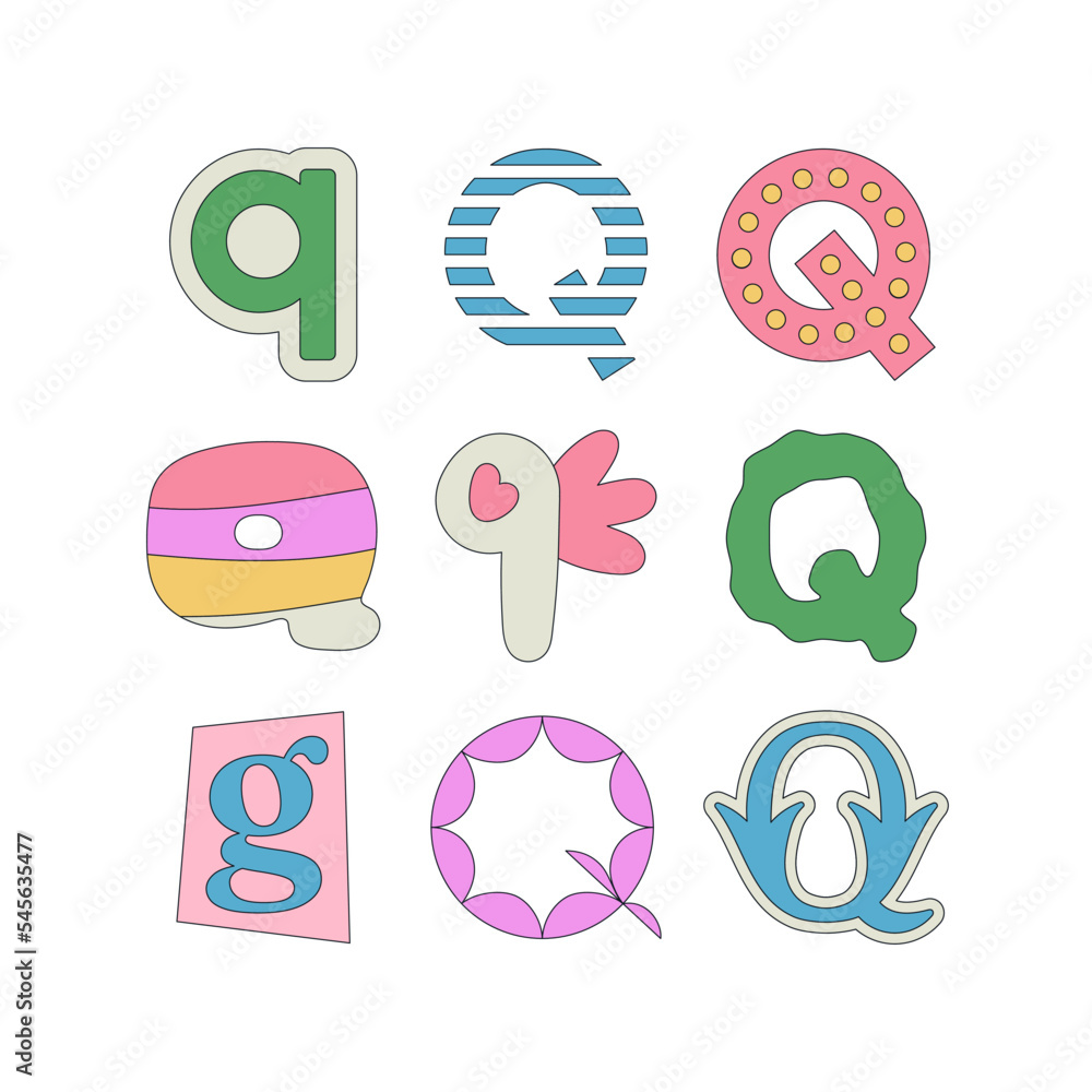 Set with letter Q in different styles. Funny cartoon hand drawn style in pastel colors. Preschool education, alphabet concept. Vector illustration isolated on white background.