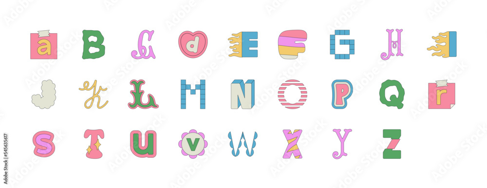 Set with English, Latin alphabet. Letters in different styles. Funny cartoon hand drawn style in pastel colors. Preschool education, alphabet concept. Vector illustrations isolated on white background Set with English, Latin alphabet. Letters in different styles. Funny cartoon hand drawn style in pastel colors. Preschool education, alphabet concept. Vector illustrations isolated on white background