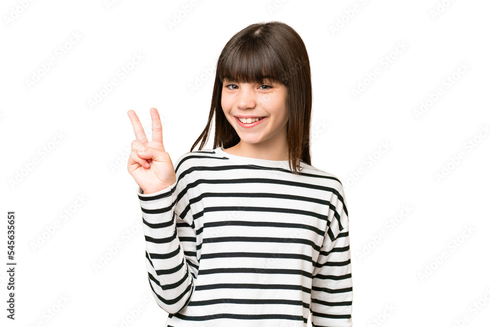 Little caucasian girl over isolated background smiling and showing victory sign Little caucasian girl over isolated background smiling and showing victory sign