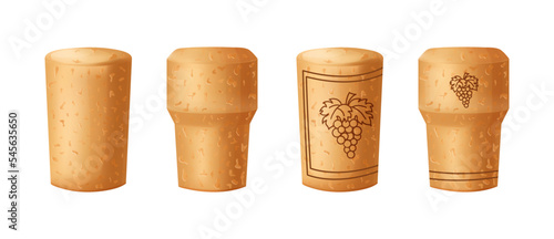 Set cork stopper wooden taps. Wine bung in cartoon. Corkwood plug with grape bunch. Vector illustration on white background