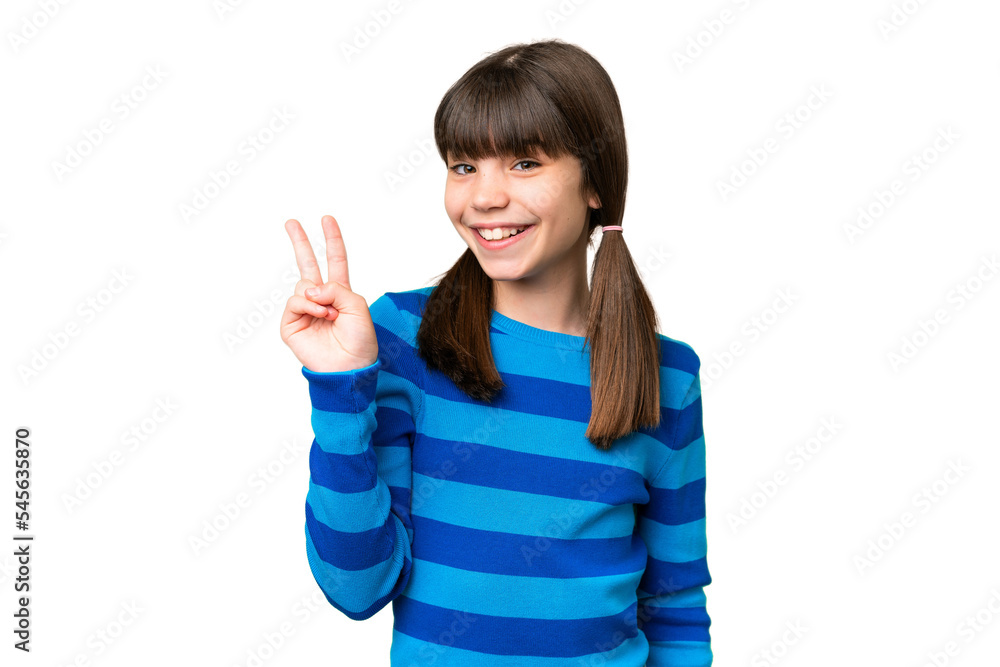 Little caucasian girl over isolated background smiling and showing victory sign Little caucasian girl over isolated background smiling and showing victory sign