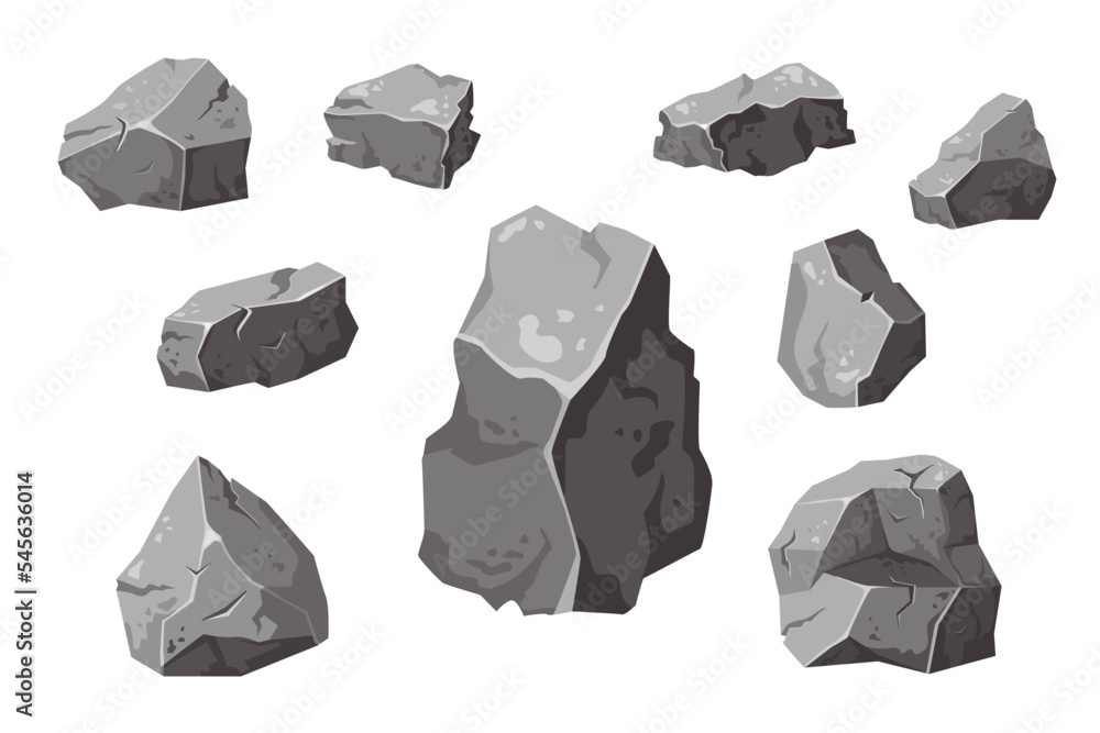 Set cartoon rock of different bouldesrs. Stone of various shapes. Heap of heavy cobbles. Granite cobblestone, natural building block. Vector illustration Set cartoon rock of different bouldesrs. Stone of various shapes. Heap of heavy cobbles. Granite cobblestone, natural building block. Vector illustration