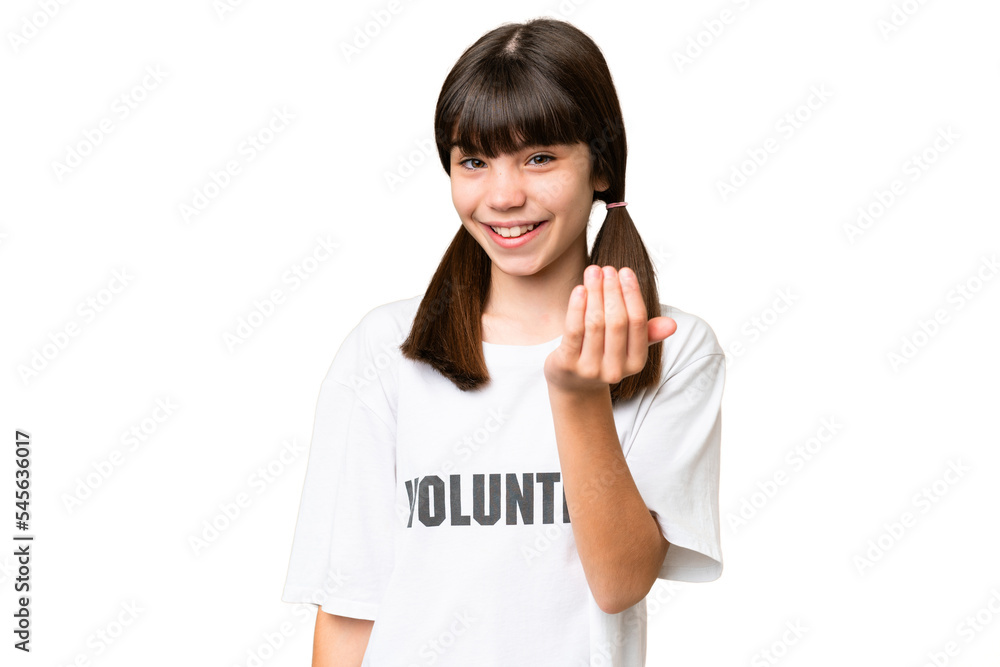 Little volunteer girl over isolated background inviting to come with hand. Happy that you came Little volunteer girl over isolated background inviting to come with hand. Happy that you came