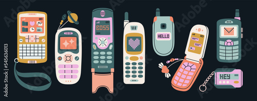 Big set with retro electronic devices. Mobile phones with buttons, beaded keychains, beeper, pager. Cute and stylish attributes from 90s. Hand drawn vector illustration. Vintage electronics concept.