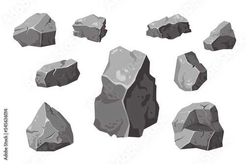 Set cartoon rock of different bouldesrs. Stone of various shapes. Heap of heavy cobbles. Granite cobblestone, natural building block. Vector illustration