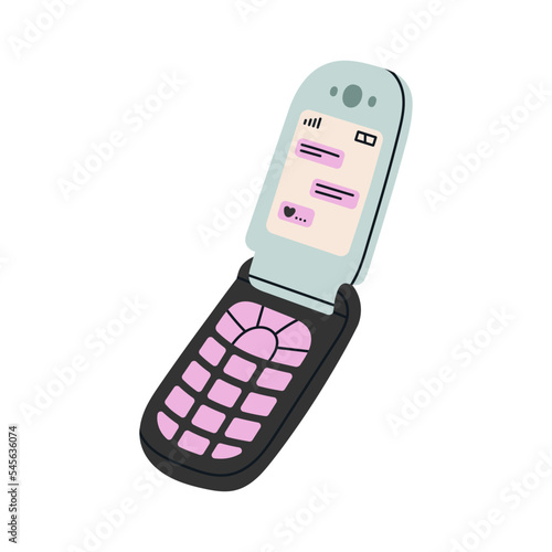 Poster with a clamshell phone. Cute and stylish retro mobile phone with buttons. Old model from 90s. Hand drawn vector illustration. Vintage wireless electronics concept.