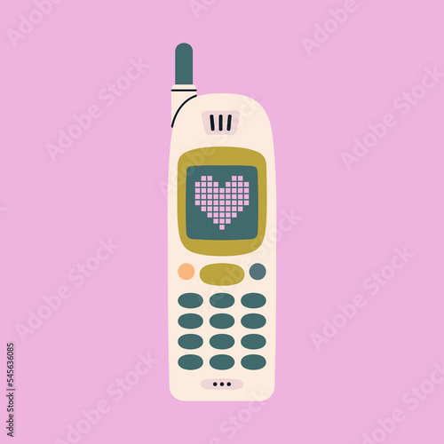 Poster with a retro phone. Cute and stylish mobile phone with buttons. Old model from 90s. Pixel picture on the screen. Hand drawn vector illustration. Vintage wireless electronics concept.