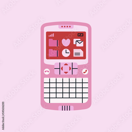 Poster with a retro phone. Cute and stylish mobile phone with buttons. Old model from 90s. Menu pictures on the screen. Hand drawn vector illustration. Vintage wireless electronics concept.