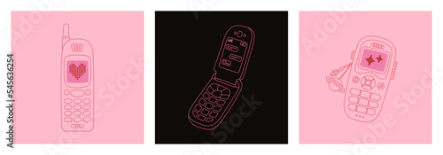 Set of posters with cute and stylish retro mobile phones with buttons. Old-fashioned models from 2000s. Vintage electronics concept. Line art, editable stroke. Vector illustration.