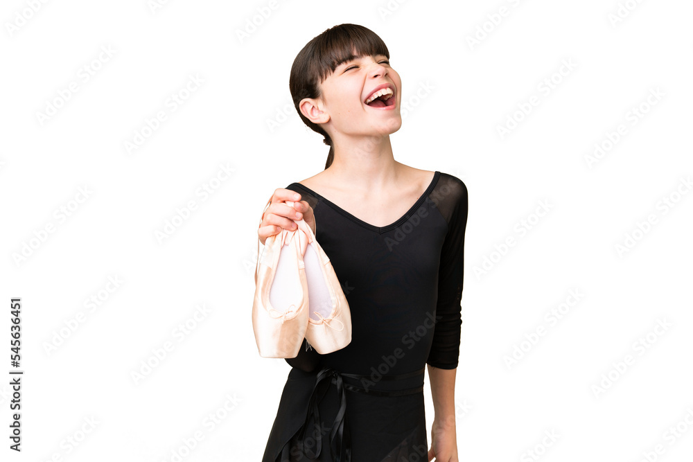 Little caucasian girl practicing ballet over isolated background laughing Little caucasian girl practicing ballet over isolated background laughing
