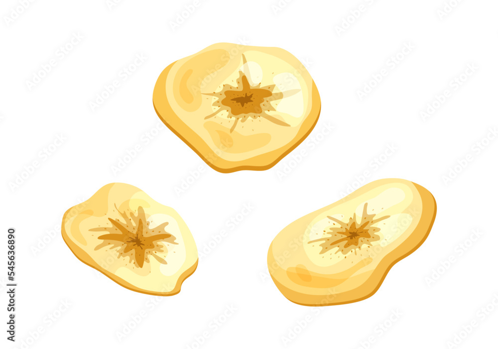 Banana chips dried fruit snack. Round isolated slices cartoon style on