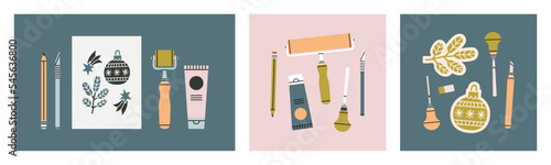 Set of posters with linocutting equipment. Arts and crafts concept. Stamps with Christmas symbols, woodcutters, paint, stamps and other tools for linocut. Hand draw vector illustration 