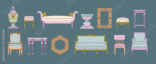 Big set with antique furniture, Renaissance style. Armchair, sofa, frame, table etc. For museum and palace interiors. Room decoration. Hand draw vector illustration isolated on colorful background