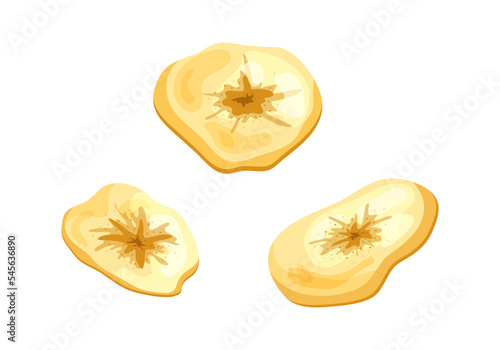 Banana chips dried fruit snack. Round isolated slices cartoon style on white background. Vector illustration