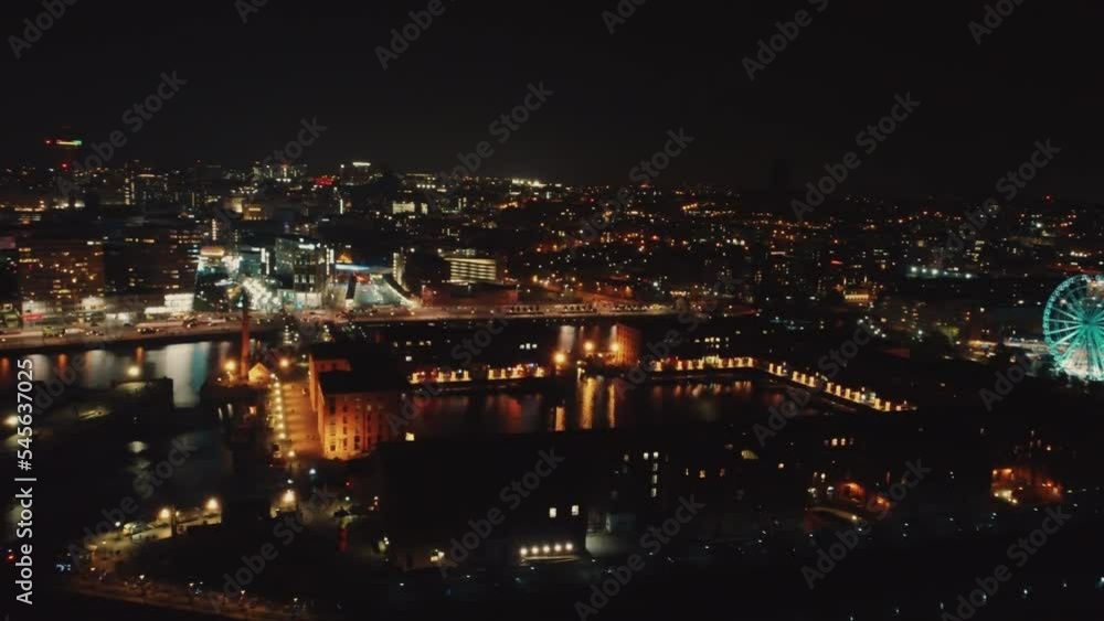 Aerial drone view of Liverpool city and port at night, UK Aerial drone view of Liverpool city and port at night, UK