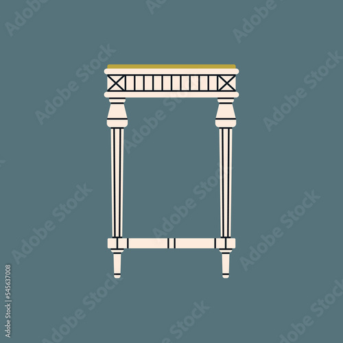Poster with a table. Antique furniture, Renaissance style. For museum and palace interiors. Room decoration. Hand draw vector illustration isolated on colorful background.