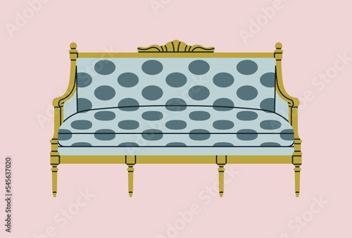 Poster with a sofa. Antique furniture, Renaissance style. For museum and palace interiors. Room decoration. Hand draw vector illustration isolated on colorful background.