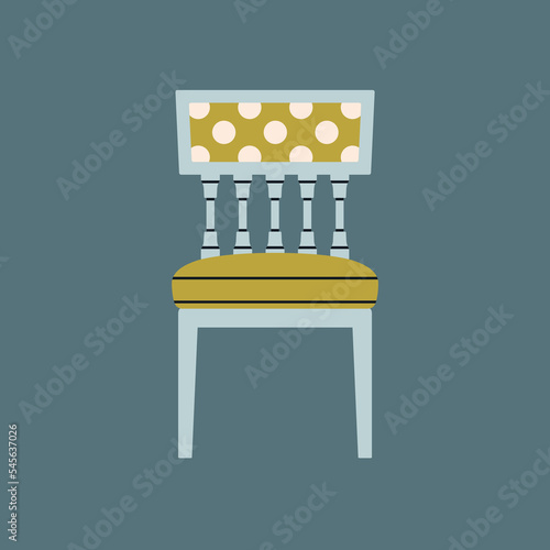 Poster with a chair. Antique furniture, Renaissance style. For museum and palace interiors. Room decoration. Hand draw vector illustration isolated on colorful background.