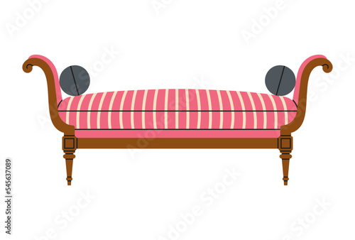 Poster with a sofa. Antique furniture, Renaissance style. For museum and palace interiors. Room decoration. Hand draw vector illustration isolated on white background.