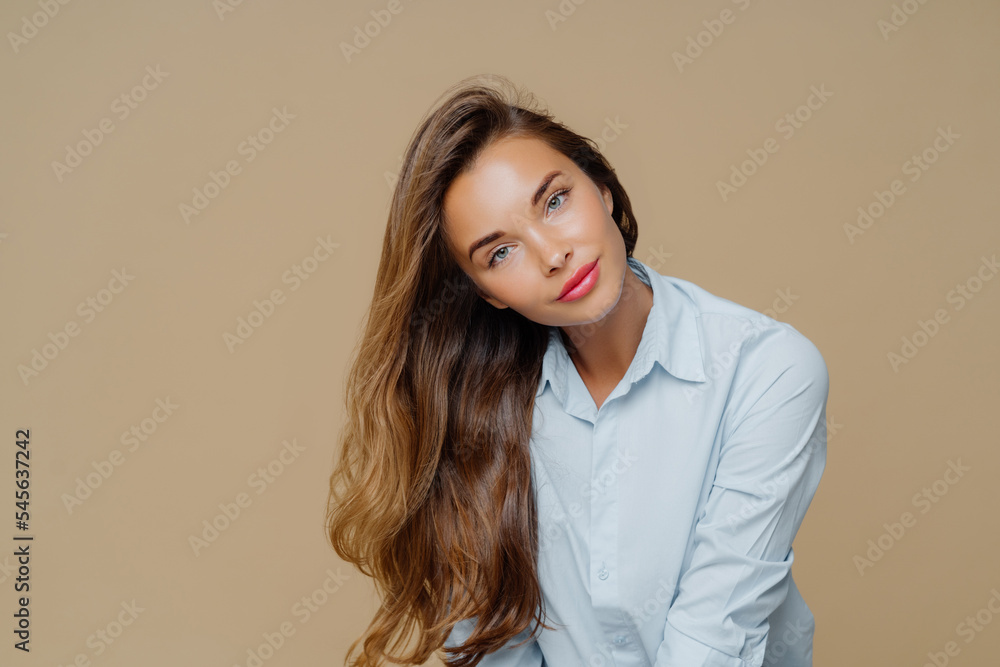 Portrait of pleasant looking female tilts head on right, has long well cared hair, wears blue shirt, has appealing appearance, makeup, isolated over brown background with blank space for information Portrait of pleasant looking female tilts head on right, has long well cared hair, wears blue shirt, has appealing appearance, makeup, isolated over brown background with blank space for information