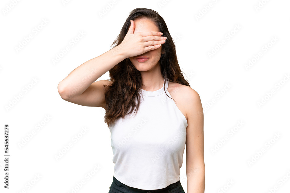 Young caucasian woman isolated over isolated background covering eyes by hands. Do not want to see something Young caucasian woman isolated over isolated background covering eyes by hands. Do not want to see something