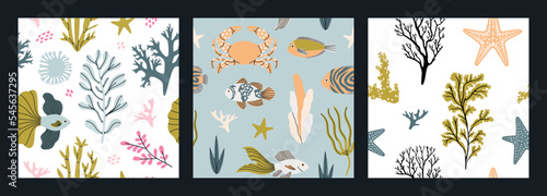 Set with seamless patterns with exotic fish and animals, corals, plants. Underwater and sea life concept. Hand draw vector illustration isolated on colorful background. Cute design in pastel colors.