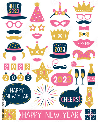 New Year’s 2023 Eve vector photo booth props