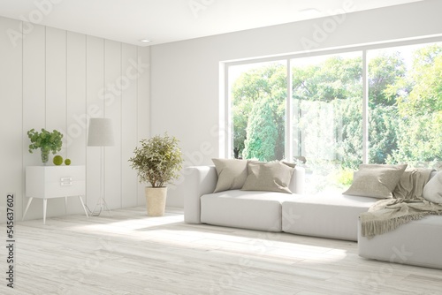 Wallpaper Mural White living room with sofa and summer landscape in window. Scandinavian interior design. 3D illustration Torontodigital.ca