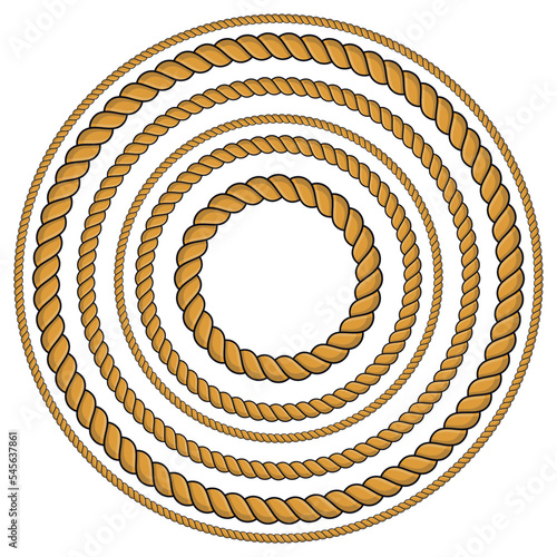 Set of round rope frames isolated on white background. Twisted cord.
