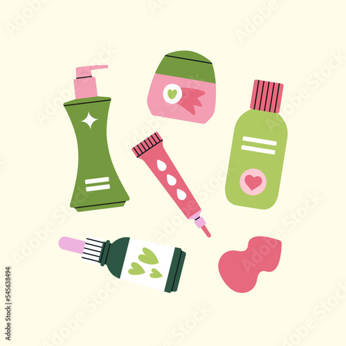 Poster with various beauty products: face cleanser, moisturizer, eye cream, micellar water, essence etc. Cute vector illustration. Korean cosmetic. Beauty routine and self care concept.