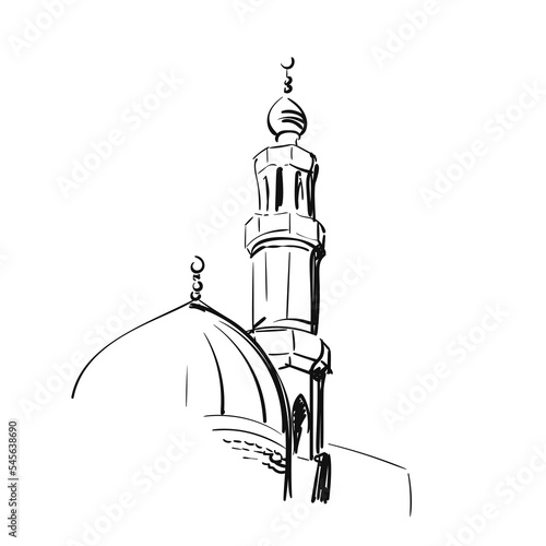 Mosque minaret vector sketch Islamic architecture hand drawn illustration