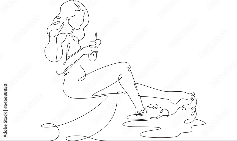 One continuous line. A woman sits on the edge of a pool. Rest by the water. Swimming in the pool. One continuous line on a white background.
