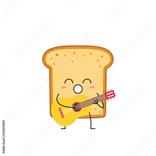 Toast play guitar sing cute character cartoon smile face cheerful kawaii joy happy emotions symbol breakfast icon vector illustration.