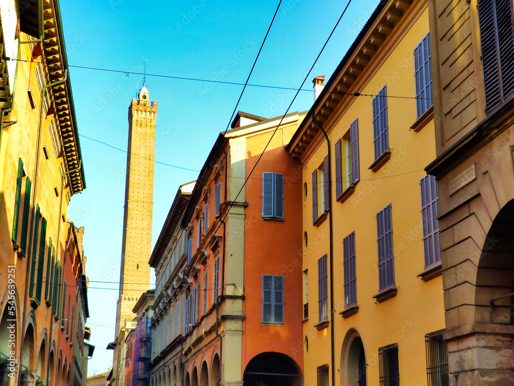Garisenda tower seen from Maggiore street, Bologna city, Italy