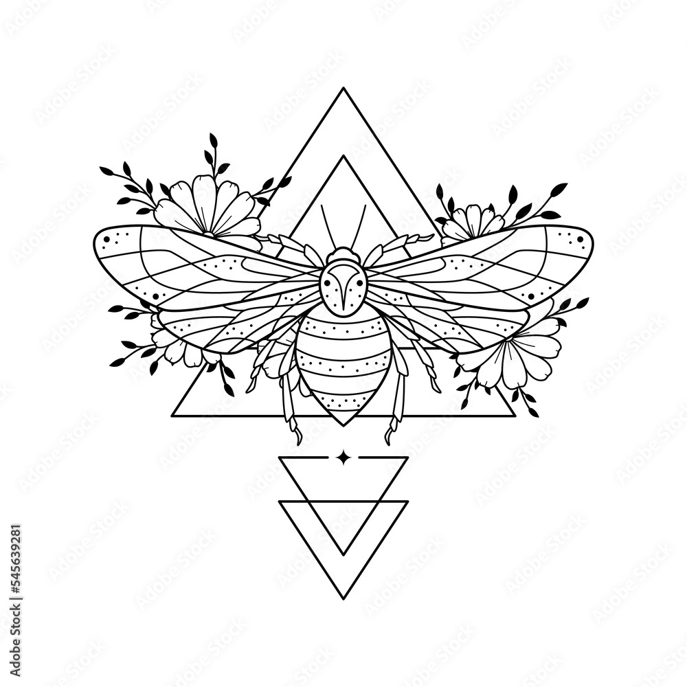 Vector illustration with hand drawn stylized bee, florals and sacred geometric symbol. Mystic wasp insect sign. Vector illustration with hand drawn stylized bee, florals and sacred geometric symbol. Mystic wasp insect sign.