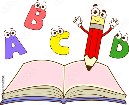 vector illustration of literacy visual with cute letters and pen