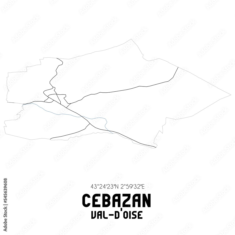 CEBAZAN Val-d'Oise. Minimalistic street map with black and white lines. CEBAZAN Val-d'Oise. Minimalistic street map with black and white lines.