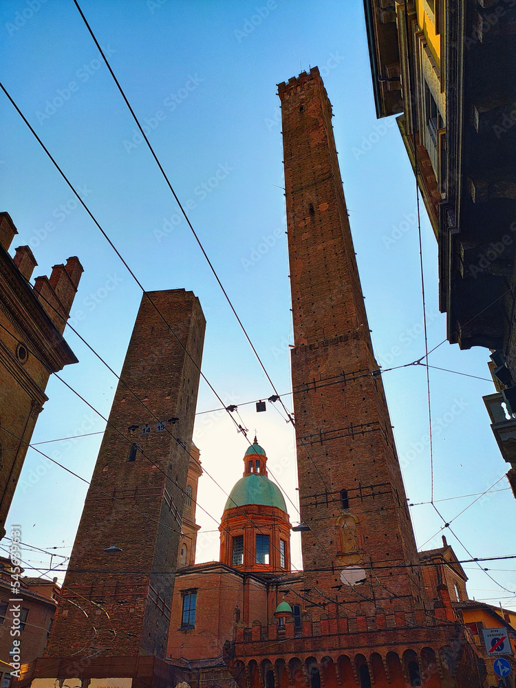 Two Towers, Due Torri, Asinelli and Garisenda, symbols of medieval Bologna towers. Bologna, Italy