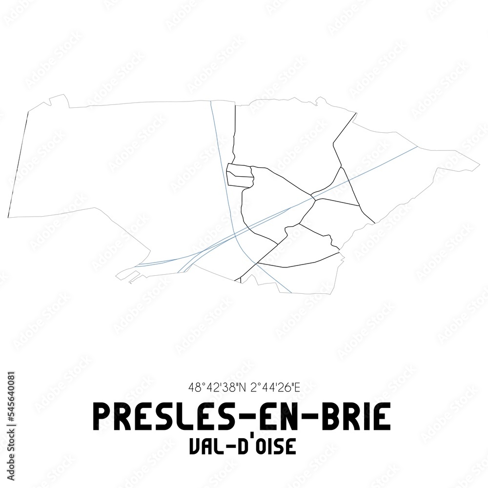PRESLES-EN-BRIE Val-d'Oise. Minimalistic street map with black and white lines.